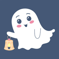 Cute ghost with lantern. Spooky funny Halloween character. Vector flat hand drawn illustration.