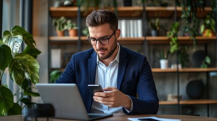 Fototapeta premium A professional businessman using his phone while sitting in a sleek and contemporary workspace.