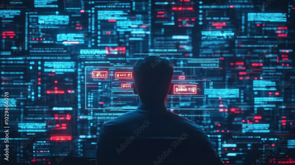 Poster a futuristic office worker surrounded by glowing error messages on holographic screens, stressed and