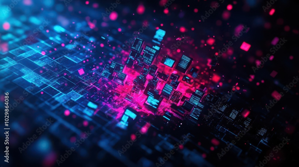 Poster a futuristic fortress of glowing data breaking apart, collapsing into a sea of neon particles, cyber