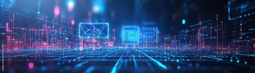 Fototapete A digital cityscape with floating holograms of networked buildings and glowing lines connecting structures, futuristic architecture, 3D render, neon blue lights