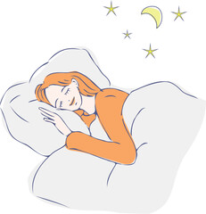 A woman sleeping comfortably in her futon. The moon and stars are visible.