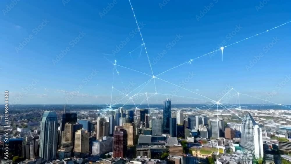 Poster a modern cityscape with a network of connected lines in the sky, representing the interconnectedness