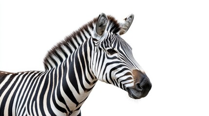 Fototapeta premium Zebra, a black and white striped African equine, isolated on a white background.