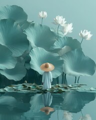 A person wearing a straw hat walking in a large lotus leaf, lotus seed and lotus flowers.
