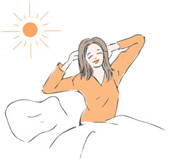 A woman stretches her arms out and gets up in the morning. The sun is visible.