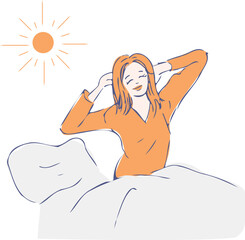 A woman stretches her arms out and gets up in the morning. The sun is visible.