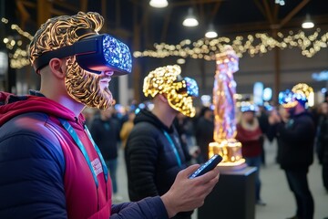 Virtual reality festival crowd, interacting with digital Hercules monuments