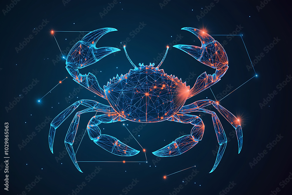 Poster a digital illustration of a crab made of interconnected lines and nodes.