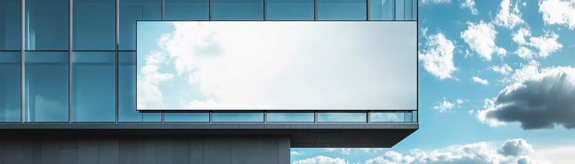 clean white billboard on modern glass building reflects sky, creating striking visual contrast. sleek design enhances contemporary architecture