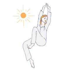 A woman stretches her arms out and gets up in the morning. The sun is visible.