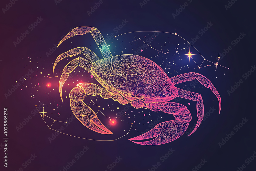 Poster a colorful, stylized representation of a crab with starry elements and constellations.
