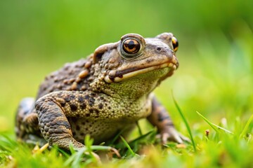 Fototapeta premium Toad amphibian without tail sitting on grass