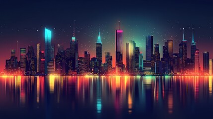 Fototapeta premium A vibrant city skyline with colorful lights reflecting in the water, set against a dark starry sky.