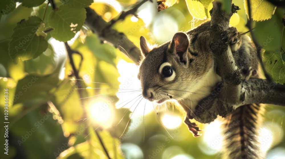 Wall mural Squirrel on a Branch with Sunlight