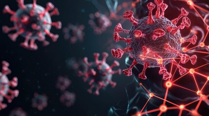 3D representation of coronavirus particles in a digital network.