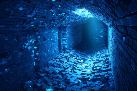 A surreal underground tunnel made of uneven blue bricks, illuminated by an eerie glow
