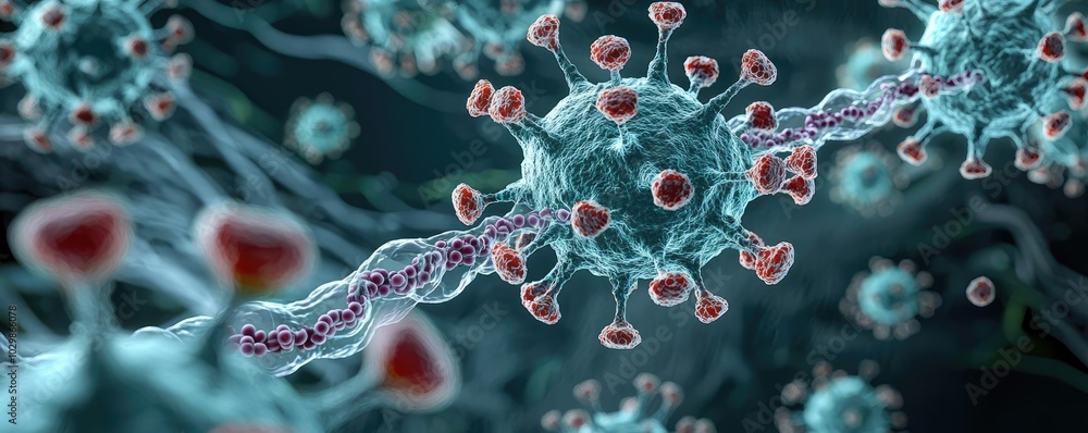 Poster microscopic view of virus particles interacting with cells.