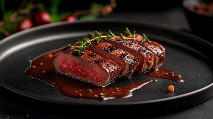 A high-quality, mouthwatering close-up of perfectly seared medium rare steak with rich brown sauce drizzled on top and cut into slices 