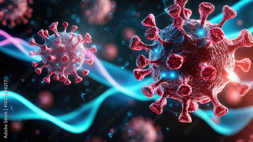 Poster colorful virus particles on a digital background with flowing wave patterns.