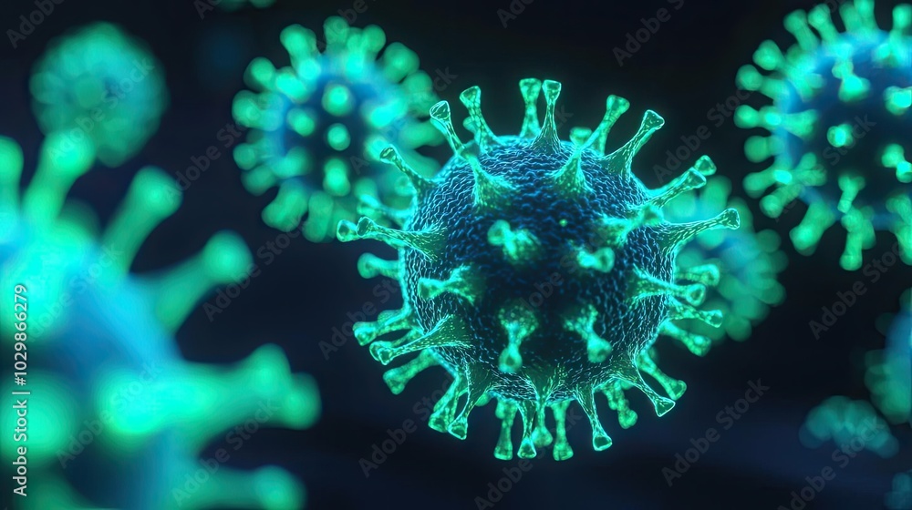 Poster microscopic view of a virus with a glowing green structure on a dark background.