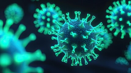 Microscopic view of a virus with a glowing green structure on a dark background.