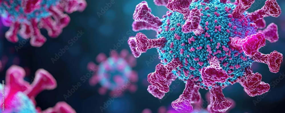 Poster colorful 3d rendering of a virus on a dark background, showing intricate structure.