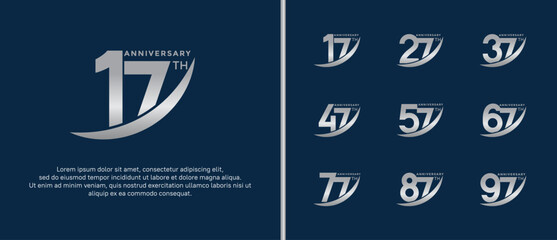 set of anniversary logo flat silver color on blue background for celebration moment