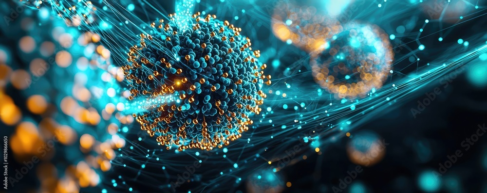 Poster abstract representation of molecular structures with glowing particles, dark background