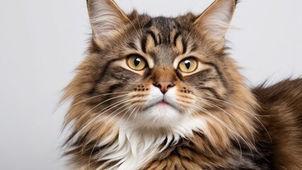 Portrait of Brown maine coon cat on grey background