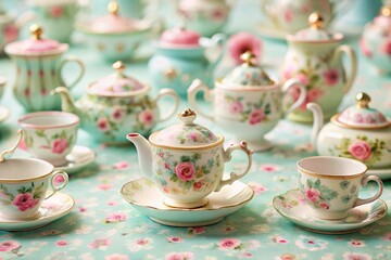 Fototapeta premium English Tea Party Seamless Pattern in Pastel Colors for Textile and Wallpaper Design