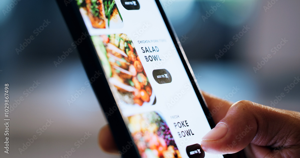 Poster Hand, phone screen and menu for food delivery on app with choice for salad, diet and dinner with ecommerce. Person, smartphone and ui with click, search and decision for order with overtime at agency
