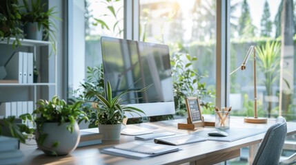 Modern Office Workspace with Natural Light and Plants