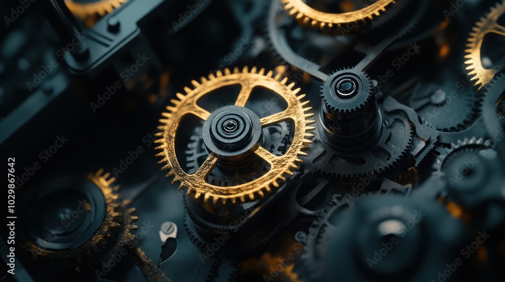Poster close-up of intricate golden gears intermeshing with black gears in a complex machinery system.