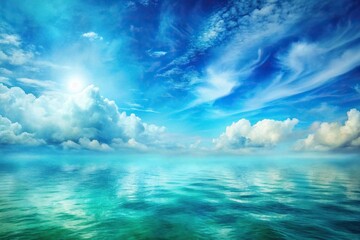 Watercolor painting of blue and green sea with sky gradient and clouds texture