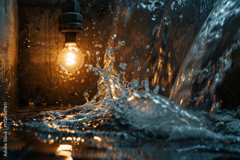 Poster water cascades and splashes dramatically in an industrial environment, illuminated by a hanging ligh