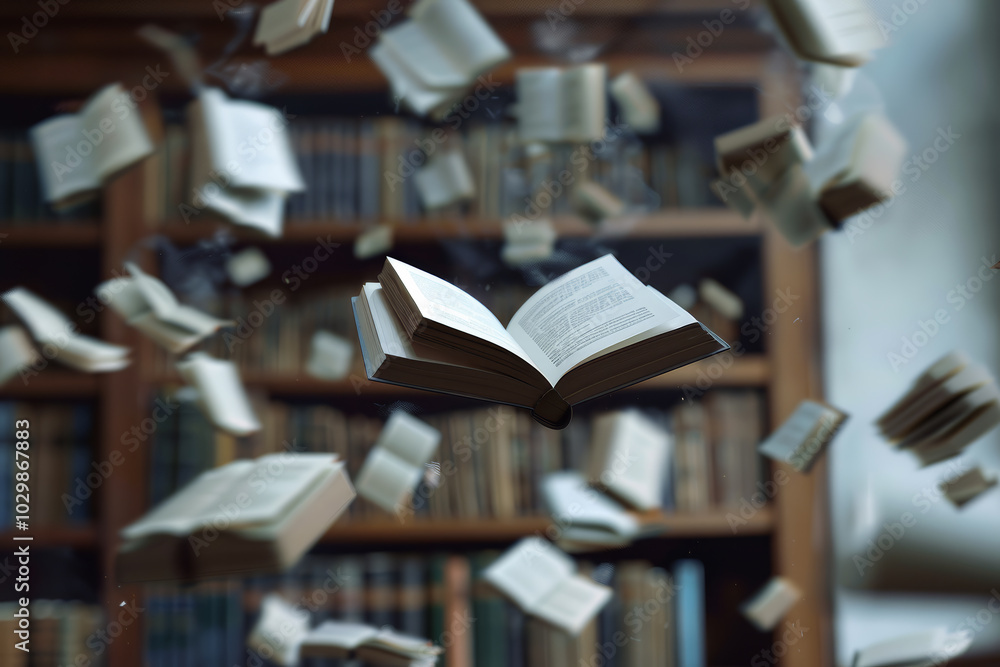 Poster a mesmerizing display of floating books fills the air in a grand library, evoking a sense of magic a
