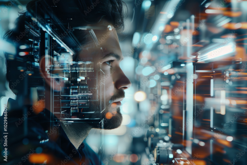 Poster an individual deeply engaged in studying advanced technology displays in a modern data center, surro
