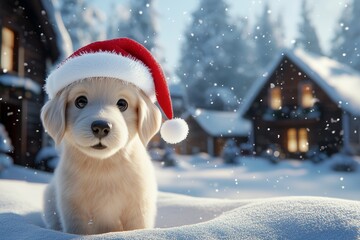 Fototapeta premium a cute dog wear Santa clause hat, background is snow village, animation style.