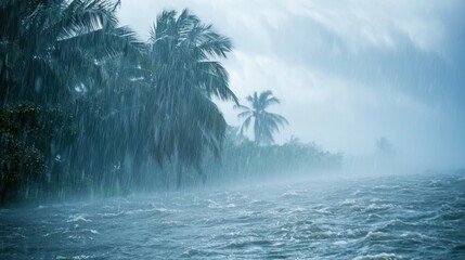 A tropical storm with heavy rain and strong winds.