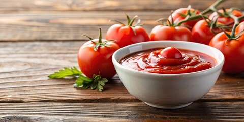 Tomato sauce or ketchup in white bowl and fresh tomatoes on wooden table Extreme Close-Up