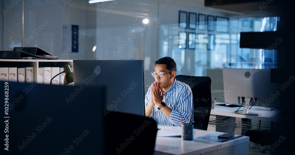 Poster thinking, night and computer with business man in office for profit margin report, client review and