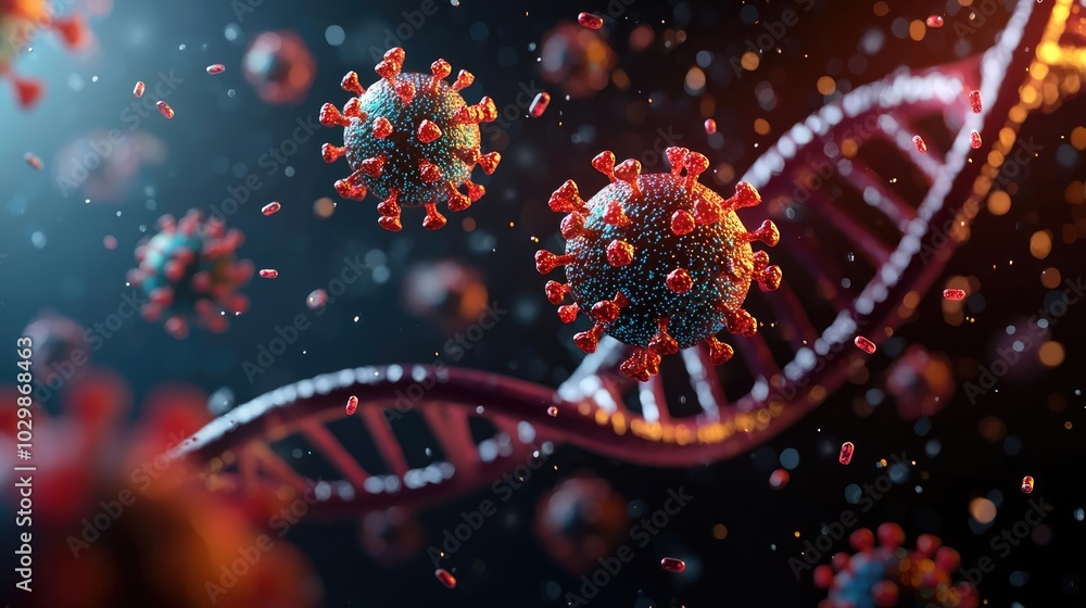 Poster 3d rendering of virus cells and dna strands with a blurred background.