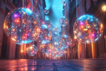 A magical street lined with glowing orbs and cobblestone pavement, creating a surreal and whimsical atmosphere.