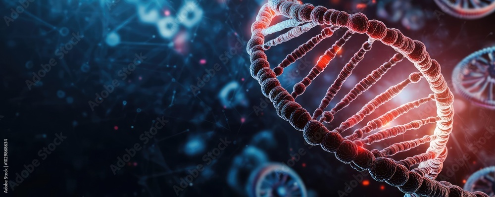 Poster close-up view of dna double helix structure on a digital background.