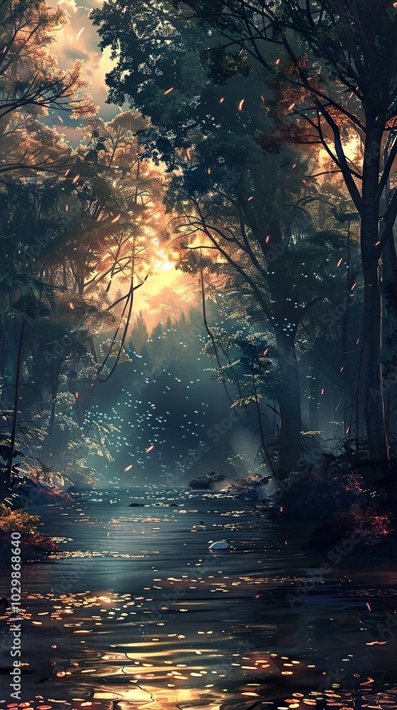 Wall mural Enchanted Forest River: A Magical Landscape Painting