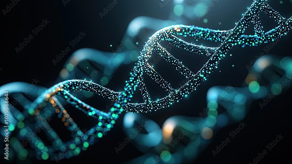 Poster close-up view of a vibrant dna double helix structure with glowing particles.