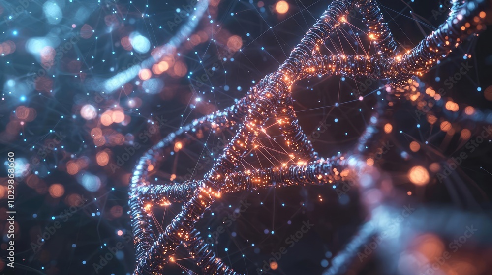 Poster abstract representation of molecular structures with light effects.