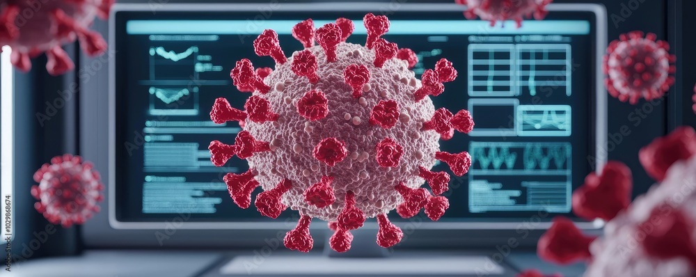 Poster 3d model of a virus with digital data in the background, isolate for medical concepts.