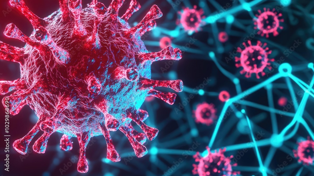 Poster 3d rendering of a virus structure with blue and red connections, white background.